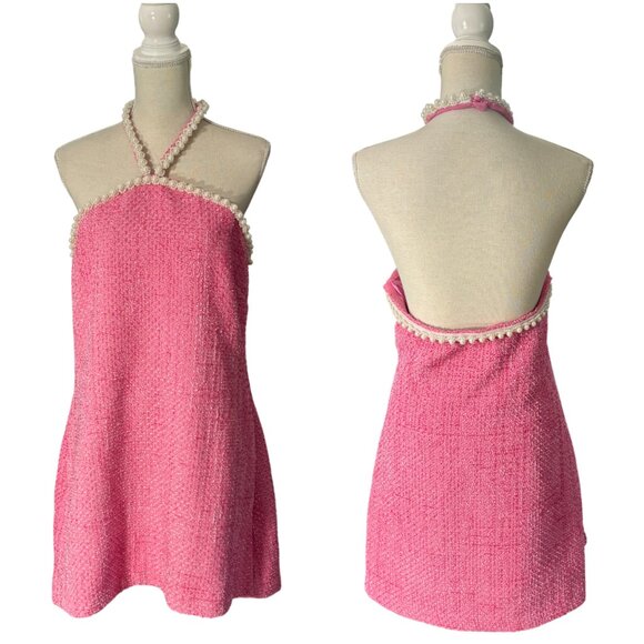 Tuckernuck Petra Mini Dress size XL Pink Tweed & Pearl Hyacinth House halter - Picture 4 of 14